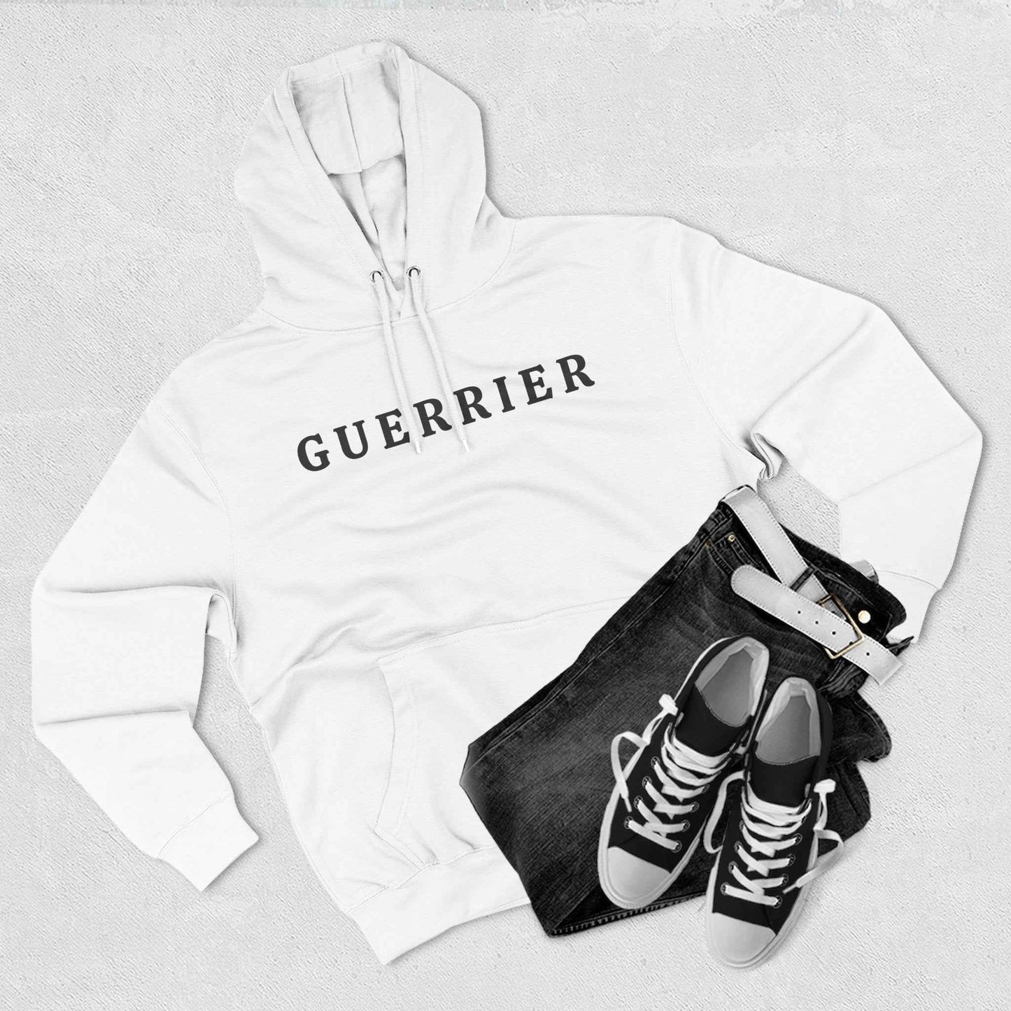 Guerrier Minimalist Hoodie — French 'Guerrier' Text Fleece Pullover